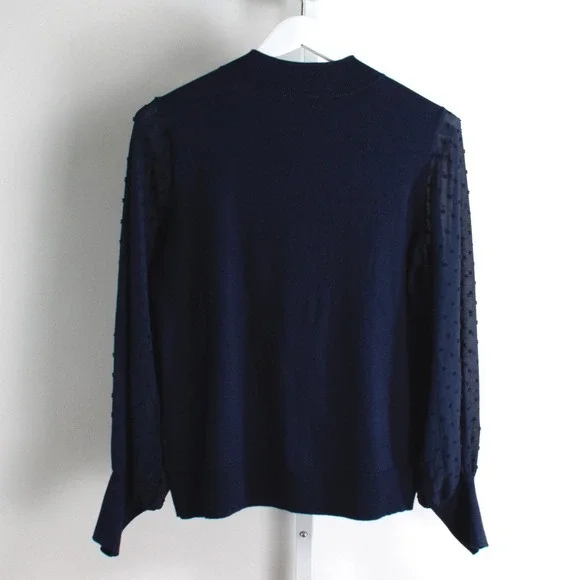 CeCe Navy Blue Sweater Top Polka Dot Sheer Sleeves Mock Neck Blouse Women Size M - Picture 2 of 10